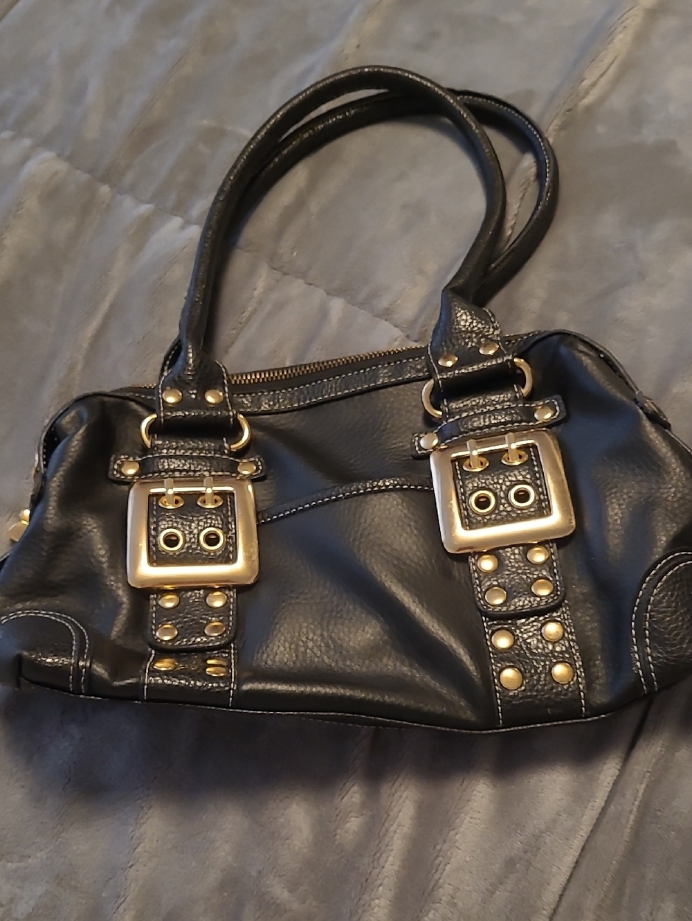 Kathy Van Zeeland Black Shoulder Bag with Gold Buckle Accents